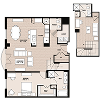 The Herald floor plan at Palladian apartments in Rockville MD with one bedroom, one bathroom and den