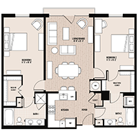 The Kenmore floor plan at Palladian apartments in Rockville MD with two bedrooms and two bathrooms