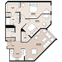 The Madison floor plan at Palladian apartments in Rockville MD with two bedrooms and one bathroom