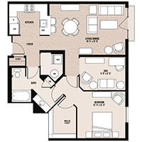 The Mt. Vernon floor plan at Palladian apartments in Rockville MD with one bedroom and one bathroom