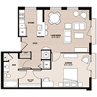The Chelsea floor plan at Palladian apartments in Rockville MD with one bedroom and one bathroom