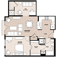 The Farragut floor plan at Palladian apartments in Rockville MD with one bedroom and one bathroom